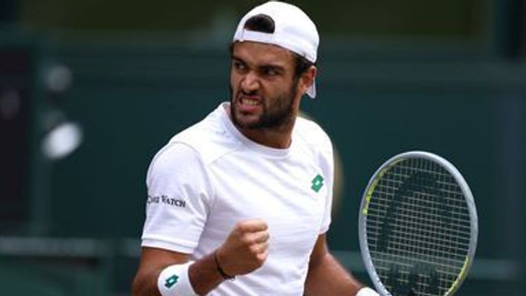 Matteo Berrettini celebrates winning the first set against Hubert Hurkacz in the mens singles semi final match on day eleven of Wimbledon at The All England Lawn Tennis and Croquet Club, Wimbledon. Picture date: Friday July 9, 2021.