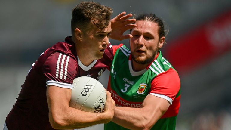 25 July 2021; Robert Finnerty of Galway in action against Padraig O'Hora of Mayo during the Connacht GAA Senior Football Championship Final match between Galway and Mayo at Croke Park in Dublin. Photo by Harry Murphy/Sportsfile