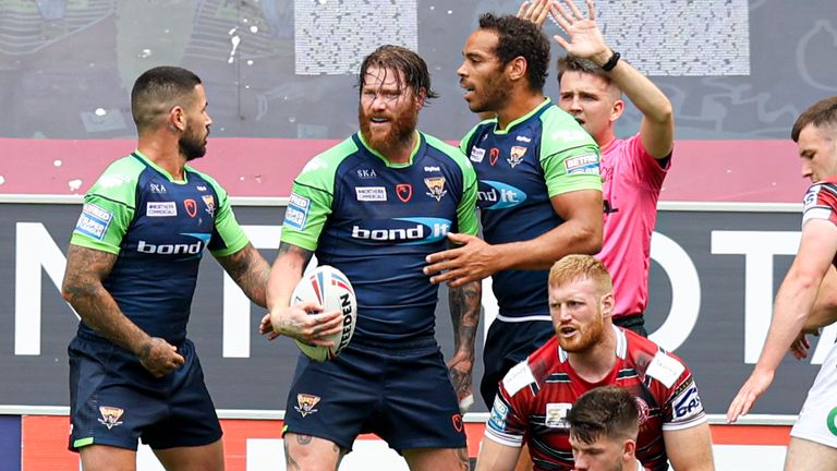 Picture by Paul Currie/SWpix.com - 11/07/2021 - Rugby League - Betfred Super League Round 14 - Wigan Warriors v Huddersfield Giants - DW Stadium, Wigan, England - Huddersfield Giants' Chris McQueen celebrates scoring the 1st try