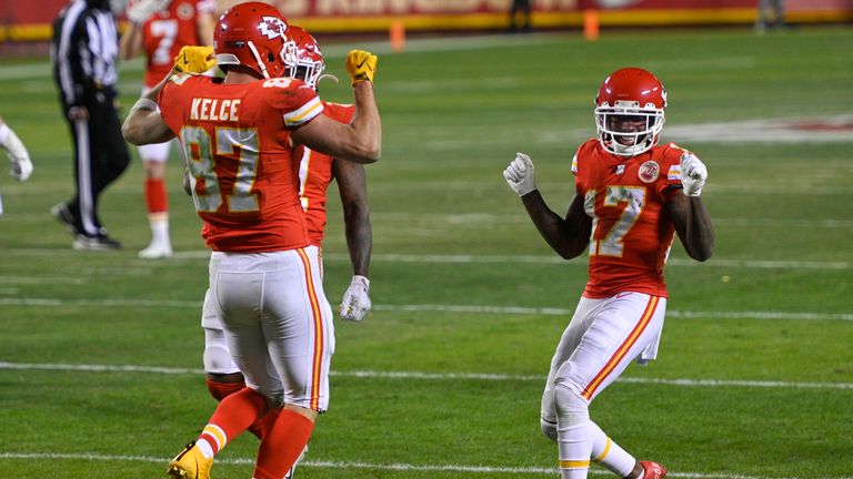Hardman celebrates with Travis Kelce after the tight end's touchdown against the Bills (AP)
