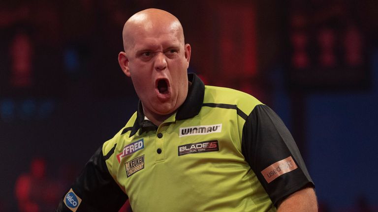 Michael van Gerwen limped on to the semi-finals after a gruelling clash with Nathan Aspinall. (Image: Lawrence Lustig/PDC)