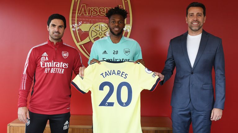 Arsenal manager Mikel Artet (L) and Director of Football Edu (R) unveil new signing Nuno Tavares at London Colney on July 10, 2021 in St Albans, England. 
