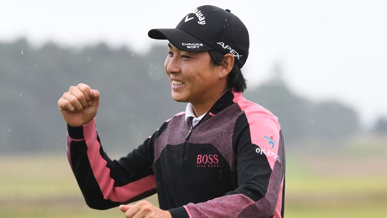 Min Woo Lee celebrates after winning the Scottish Open