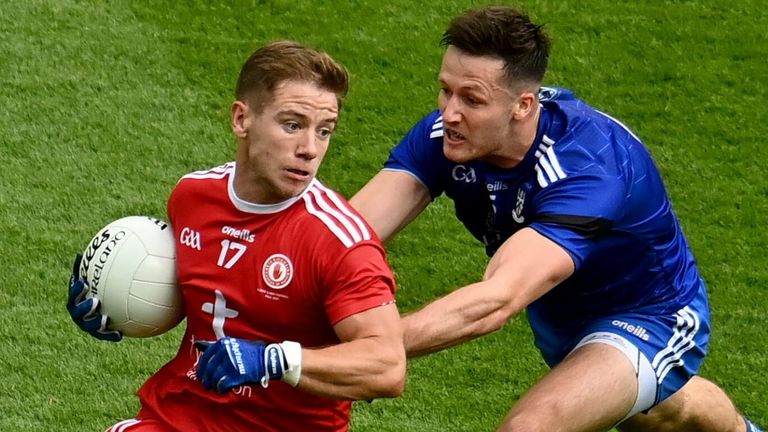 31 July 2021; Mark Bradley of Tyrone in action against Dessie Ward of Monaghan during the Ulster GAA Football Senior Championship Final match between Monaghan and Tyrone at Croke Park in Dublin. Photo by Sam Barnes/Sportsfile