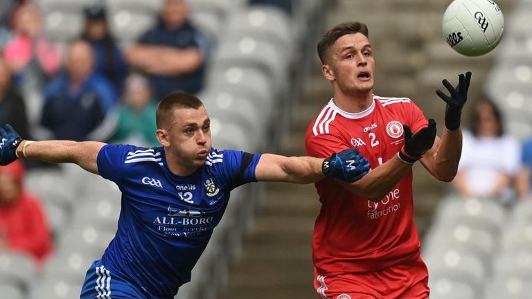 31 July 2021; Michael McKernan of Tyrone in action against Miche..l Bannigan of Monaghan during the Ulster GAA Football Senior Championship Final match between Monaghan and Tyrone at Croke Park in Dublin. Photo by Harry Murphy/Sportsfile