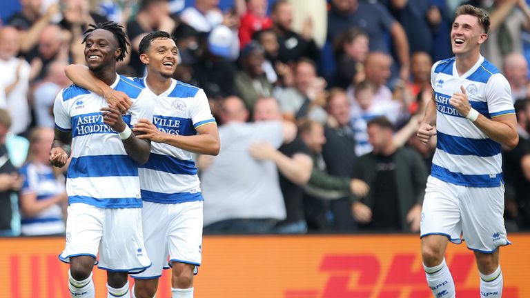 Moses Odubajo celebrates after putting QPR 3-1 up against Manchester United in a pre-season friendly