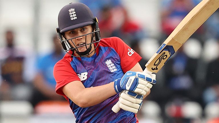 Natalie Sciver of England bats during the Women's First T20 International between England and India at The County Ground on July 09, 2021 in Northampton, England. (Photo by Ryan Pierse/Getty Images)