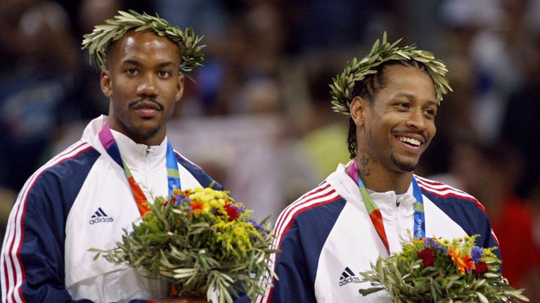Stephon Marbury and Allen Iverson are awarded their bronze medals in Athens