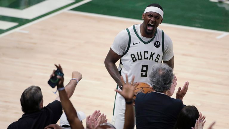 Milwaukee Bucks' Bobby Portis yells to the crowd during the second half of Game 5 of the NBA Eastern Conference Finals against the Atlanta Hawks Thursday, July 1, 2021, in Milwaukee. (AP Photo/Aaron Gash)