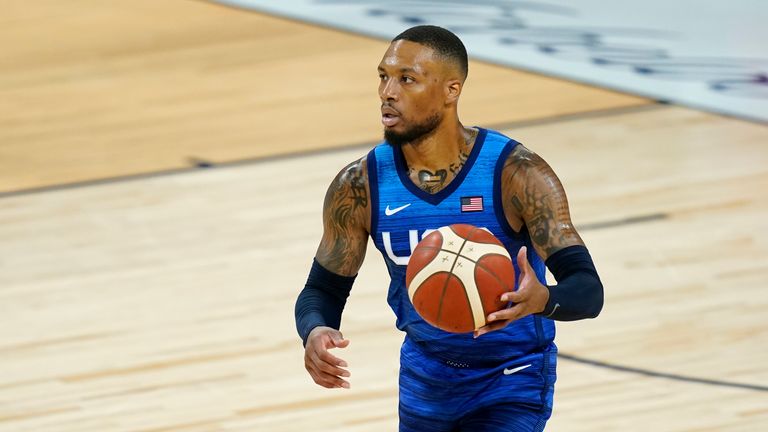 Damian Lillard playing for Team USA against Australia in an exhibition game ahead of the Tokyo Olympics