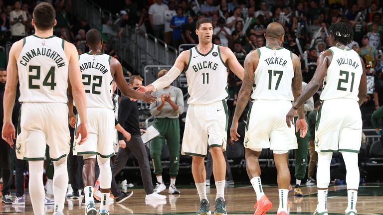 Pat Connaughton, Khris Middleton, Brook Lopez, PJ Tucker and Jrue Holiday during Game 5 of the Eastern Conference finals against the Atlanta Hawks