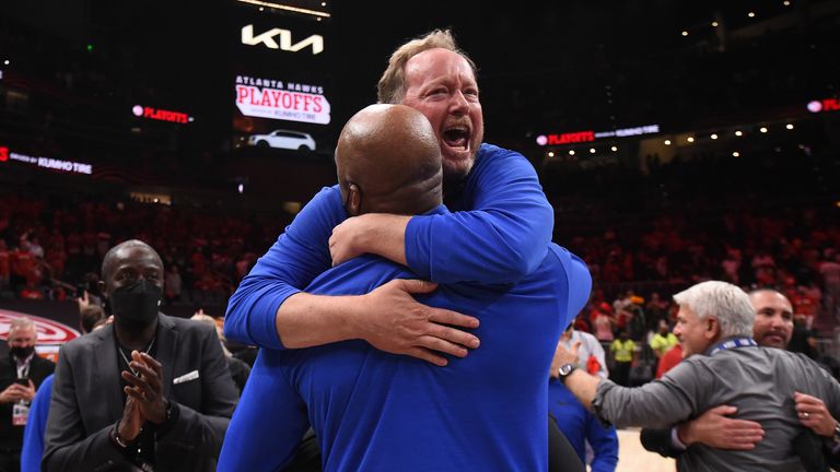 ATLANTA, GA - JULY 3: Head Coach Mike Budenholzer of the Milwaukee Bucks celebrates after the game against the Atlanta Hawks during Game 6 of the Eastern Conference Finals of the 2021 NBA Playoffs on July 3, 2021 at State Farm Arena in Atlanta, Georgia.  NOTE TO USER: User expressly acknowledges and agrees that, by downloading and/or using this Photograph, user is consenting to the terms and conditions of the Getty Images License Agreement. Mandatory Copyright Notice: Copyright 2021 NBAE (Photo by David Dow/NBAE via Getty Images)