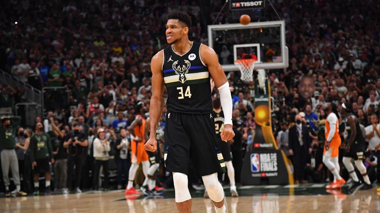 MILWAUKEE, WI - JULY 20: Giannis Antetokounmpo #34 of the Milwaukee Bucks reacts during Game Six of the 2021 NBA Finals on July 20, 2021 at Fiserv Forum in Milwaukee, Wisconsin. NOTE TO USER: User expressly acknowledges and agrees that, by downloading and/or using this Photograph, user is consenting to the terms and conditions of the Getty Images License Agreement. Mandatory Copyright Notice: Copyright 2021 NBAE (Photo by Jesse D. Garrabrant/NBAE via Getty Images) 