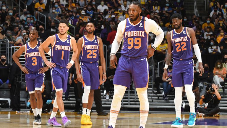 The starting five for the Phoenix Suns: Chris Paul, Devin Booker, Mikal Bridges, Jae Crowder and Deandre Ayton