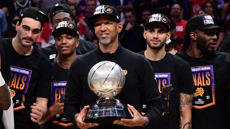 Monty Williams with the Western Conference Finals trophy