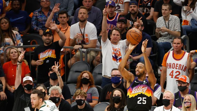 Mikal Bridges attempts a three-pointer during Game 2 against the Milwaukee Bucks