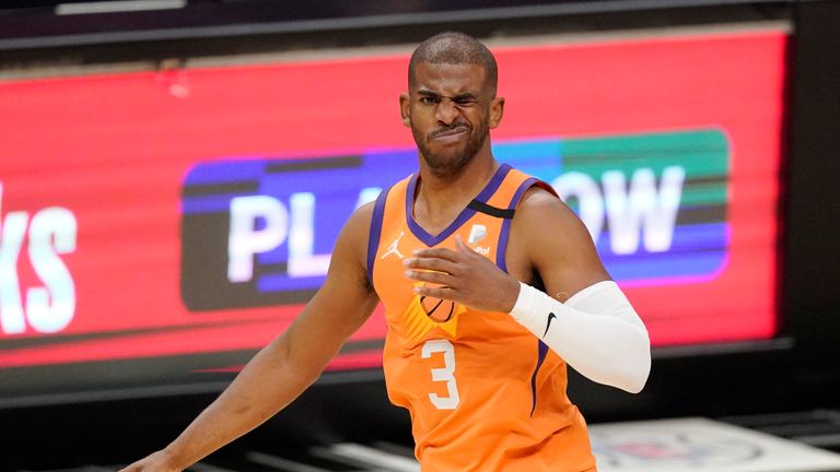 Phoenix Suns guard Chris Paul reacts after being hit in the eye during the first half in Game 6 of the NBA basketball Western Conference Finals against the Los Angeles Clippers Wednesday, June 30, 2021, in Los Angeles. (AP Photo/Mark J. Terrill)



