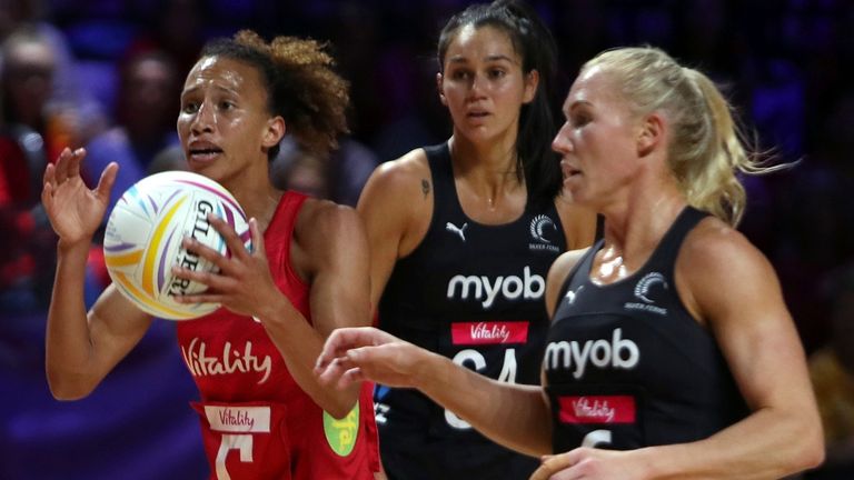 England...s captain Serena Guthrie is challenged by New Zealand...s captain Laura Langman, right, during the Netball World Cup semifinal match between England and New Zealand, at M&S Bank Arena in Liverpool, England, Saturday, July 20, 2019. (AP Photo/Rui Vieira)