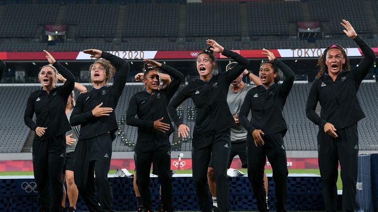 Gold medallists New Zealand's team perform the haka after the victory ceremony
