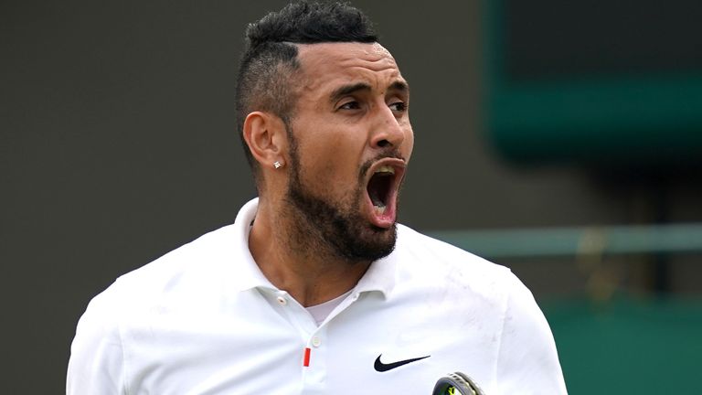 Nick Kyrgios reacts against Gianluca Mager in the second round match on court 3 on day four of Wimbledon at The All England Lawn Tennis and Croquet Club, Wimbledon. Picture date: Thursday July 1, 2021.