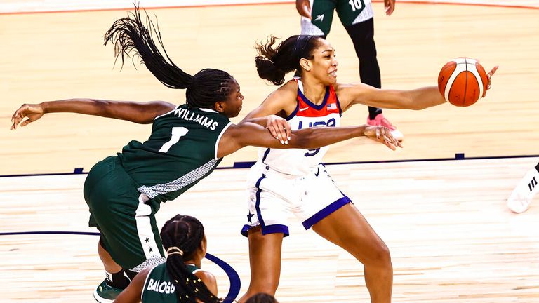 Nigeria forward/center Elizabeth Williams (1) battles for the ball against United States forward A'Ja Wilson during the first half of a pre-Olympic exhibition basketball game 