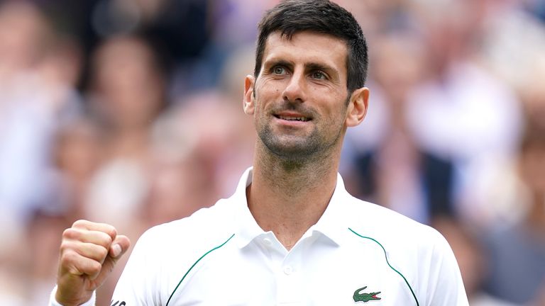 Novak Djokovic celebrates winning against Marton Fucsovics in the quarter-final men's single match on centre court on day nine of Wimbledon at The All England Lawn Tennis and Croquet Club, Wimbledon. Picture date: Wednesday July 7, 2021.