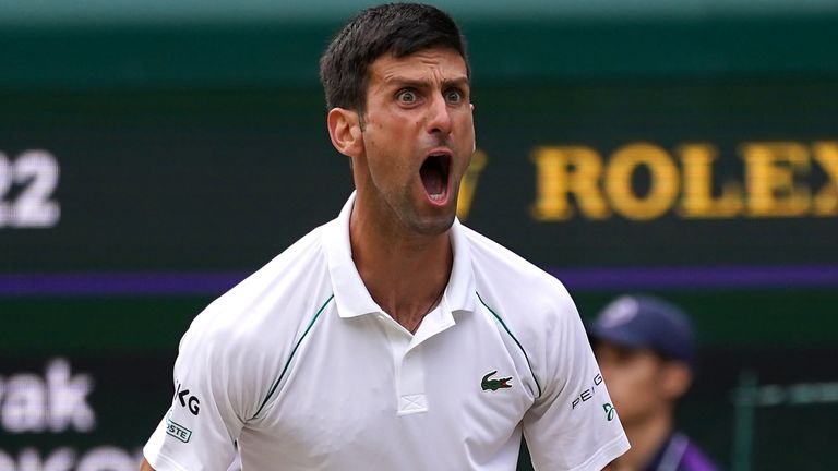 Novak Djokovic celebrates breaking the serve of Denis Shapovalov in the semi final match on centre court on day eleven of Wimbledon at The All England Lawn Tennis and Croquet Club, Wimbledon. Picture date: Friday July 9, 2021.