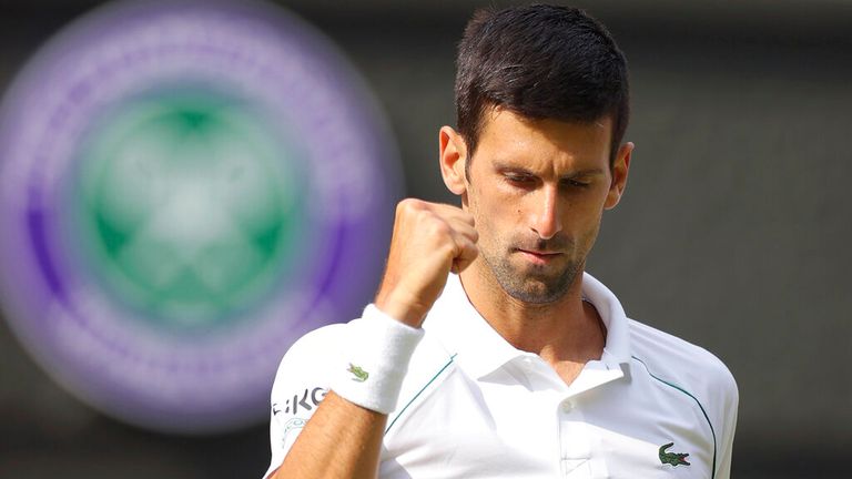 Novak Djokovic of Serbia reacts just after getting third set during the men&#39;s singles final of the Championships, Wimbledon against Matteo Berrettini of Italy at the All England Lawn Tennis and Croquet Club in London, United Kingdom on July 11, 2021.   ( The Yomiuri Shimbun via AP Images )