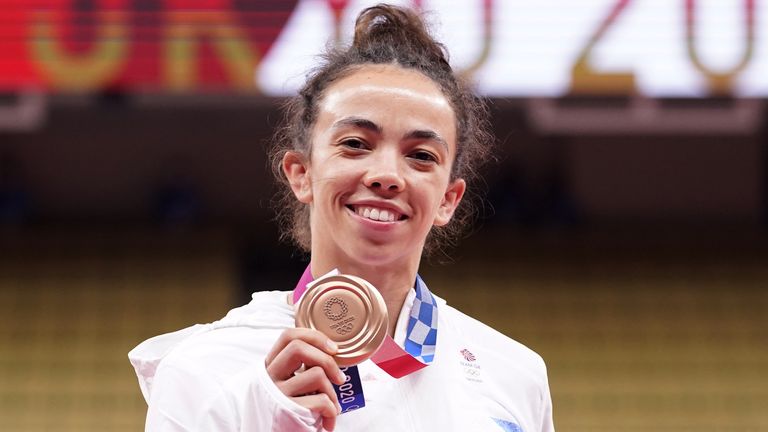 Great Britain's Chelsie Giles receives her bronze medal (AP)