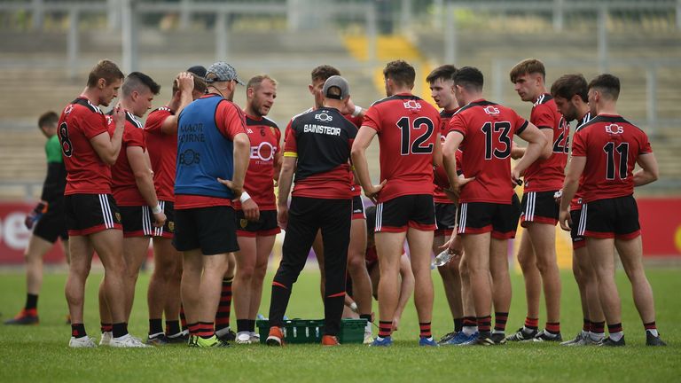 27 June 2021; Down manager Paddy Tally speaks with his players after the Ulster GAA Football Senior Championship Preliminary Round match between Down and Donegal at P..irc Esler in Newry, Down. Photo by Philip Fitzpatrick/Sportsfile