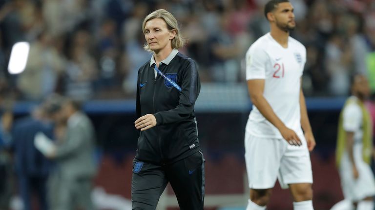 The England team psychologist Dr Pippa Grange walks onto the pitch after the final whistle during the England v Croatia FIFA World Cup 2018 semi-final at the Luzhniki Stadium, Moscow on July 11th 2018 in Russia (Photo by Tom Jenkins) 