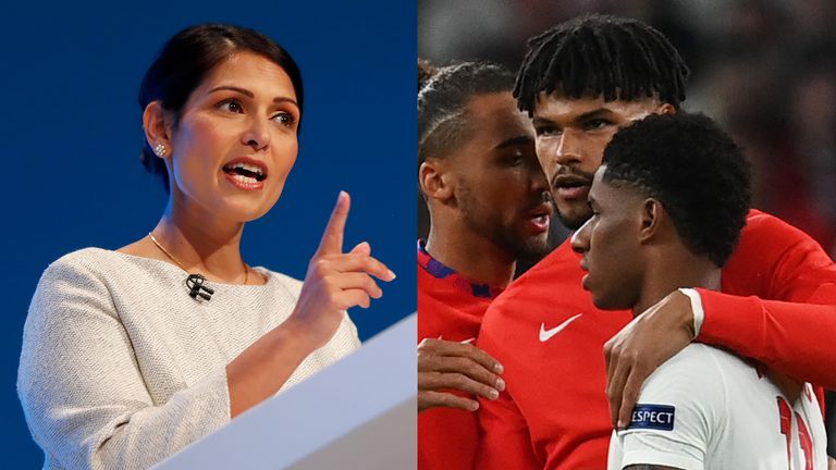 Tyrone Mings (comforting Marcus Rashford, right) has been critical of Home Secretary Priti Patel's comments