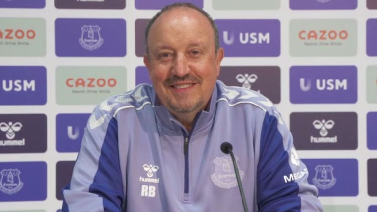 Rafael Benitez, press conference still, Everton manager 