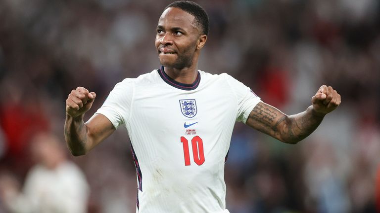 Raheem Sterling celebrates England's 2-1 win over Denmark at Wembley