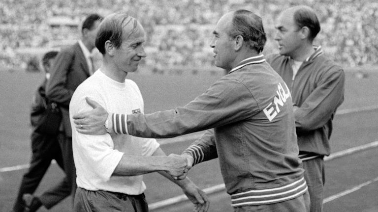 Bobby Charlton is congratulated by Alf Ramsey