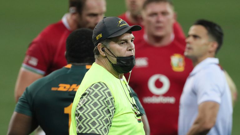 South Africa&#39;s coach Rassie Erasmus on the field during the first Test between Springboks and the British and Irish Lions at the Cape Town Stadium