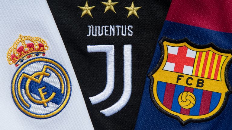 The club badges of the three remaining clubs in the ESL - Real Madrid, Juventus and Barcelona.