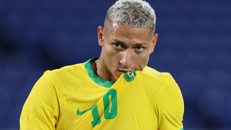 Richarlison celebrates after his opening goal for Brazil in their match against Germany at the Tokyo Olympics