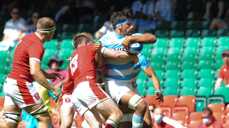 Argentina's Rodrigo Bruni is tackled by Wales's Nick Tompkins                                                                                         