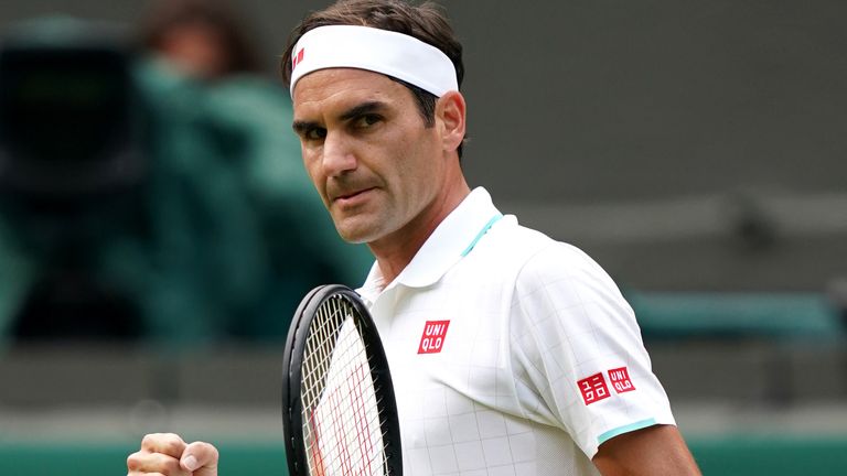 Roger Federer celebrates winning the first set in the second round men's singles match against Richard Gasquet on centre court on day four of Wimbledon at The All England Lawn Tennis and Croquet Club, Wimbledon. Picture date: Thursday July 1, 2021.