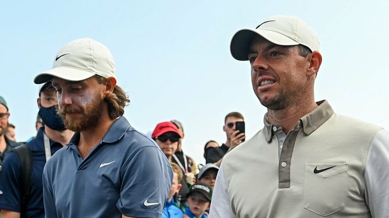 Kilkenny , Ireland - 1 July 2021; Rory McIlroy of Northern Ireland, right, and Tommy Fleetwood of England after finishing their round on day one of the Dubai Duty Free Irish Open Golf Championship at Mount Juliet Golf Club in Thomastown, Kilkenny. (Photo By Ramsey Cardy/Sportsfile via Getty Images)