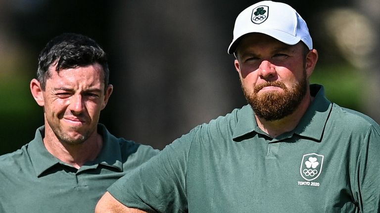 Saitama , Japan - 31 July 2021; Rory McIlroy, left, and Shane Lowry of Ireland on the 16th green during round 3 of the men's individual stroke play at the Kasumigaseki Country Club during the 2020 Tokyo Summer Olympic Games in Kawagoe, Saitama, Japan. (Photo By Ramsey Cardy/Sportsfile via Getty Images)