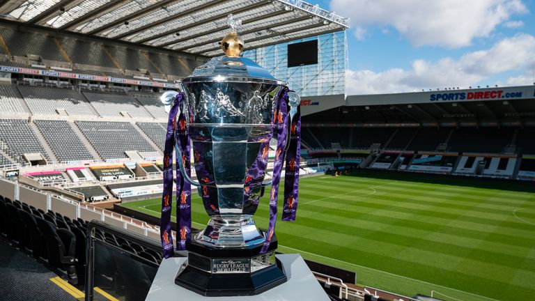 Picture by Alex Whitehead/SWpix.com - 06/04/2021 - RLWC2021 - England Squad Announcement - St James’ Park, Newcastle, England - RLWC trophy pictured at St James’ Park, 200 days before England’s opening game vs Samoa at the Rugby League World Cup.