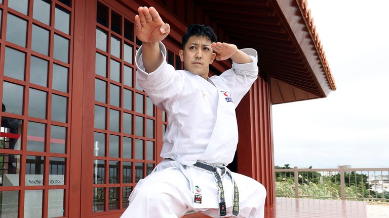 Ryo Kiyuna, a Japanese karateka, practices with children in Tomigusuku City, Okinawa Prefecture in December 6, 2020. Ryo Kiyuna is a three-time gold medalist in the men's kata event at the World Karate Championships.   ( The Yomiuri Shimbun via AP Images )