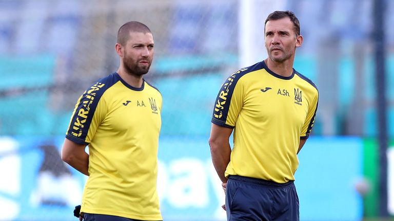 PA - Andriy Shevchenko looks on at Ukraine training