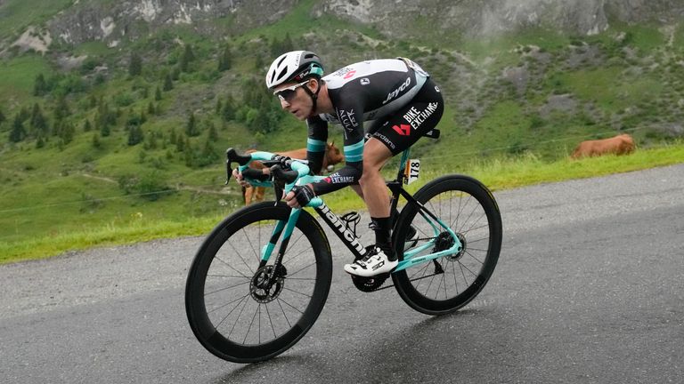 Britain's Simon Yates speeds down Col de la Colombiere pass the eighth stage of the Tour de France cycling race over 150.8 kilometers (93.7 miles) with start in Oyonnax and finish in Le Grand-Bornand, France,Saturday, July 3, 2021. (AP Photo/Christophe Ena)