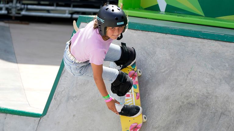 Sky Brown, of Great Britain, competes in the women...s Park Final during an Olympic qualifying skateboard event at Lauridsen Skatepark, Sunday, May 23, 2021, in Des Moines, Iowa. (AP Photo/Charlie Neibergall)
