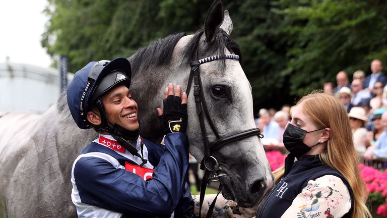 Jockey Sean Level is all smiles after victory on Snow Lantern at Newmarket