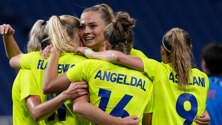 Sweden's Stina Blackstenius celebrates scoring her side's second goal