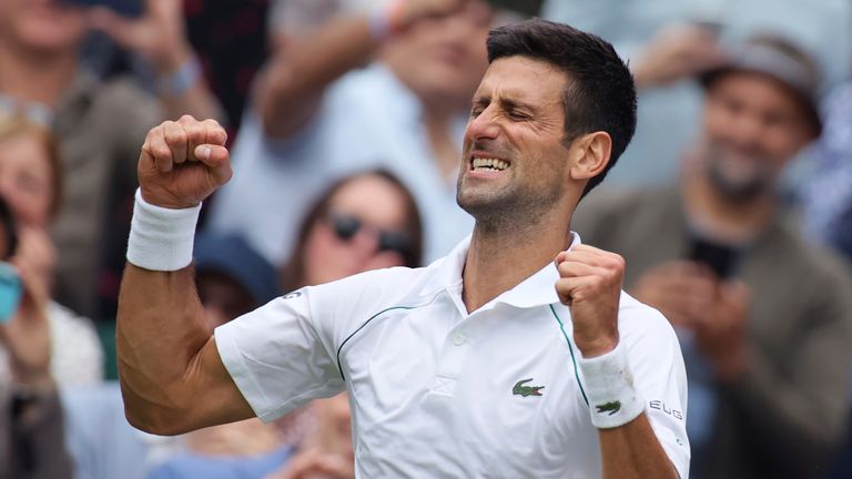 Novak Djokovic of Serbia reacts after winning the men's singles final of the Championships, Wimbledon against Matteo Berrettini of Italy at the All England Lawn Tennis and Croquet Club in London, United Kingdom on July 11, 2021.